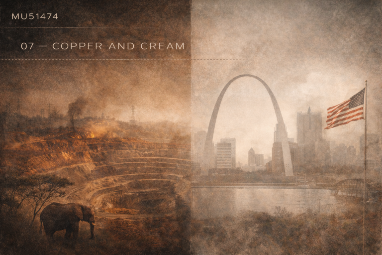 Album cover for “Copper and Cream” by MU51474 showing a split scene: a copper-toned open pit mine with an elephant on the left, and the St. Louis skyline with the Gateway Arch and an American flag on the right.