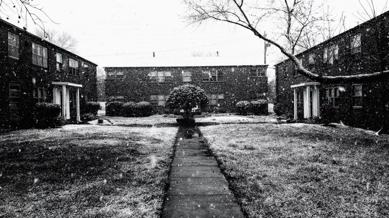 Cover image for “Distance” showing a black-and-white courtyard of apartment buildings in falling snow, with a narrow sidewalk leading toward the center